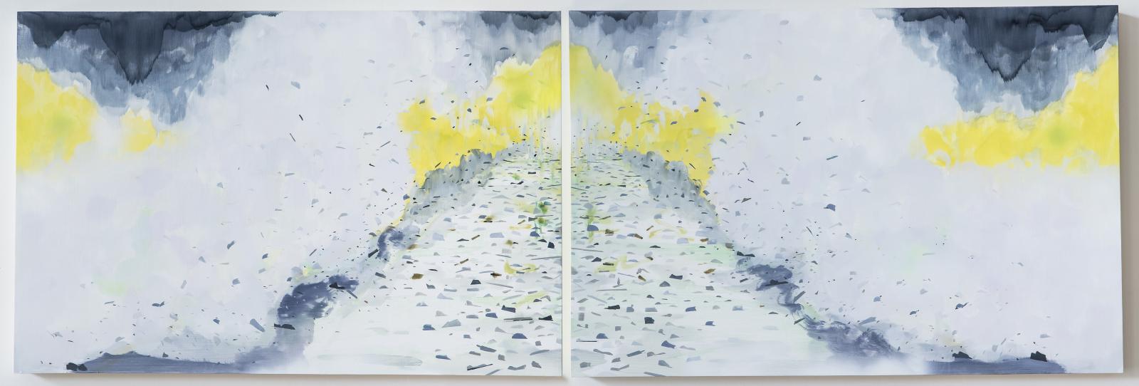 Two-part painting of waves crashing into the shore. Diptych 24 x 73 inches, each panel is 24 x 36 inches 