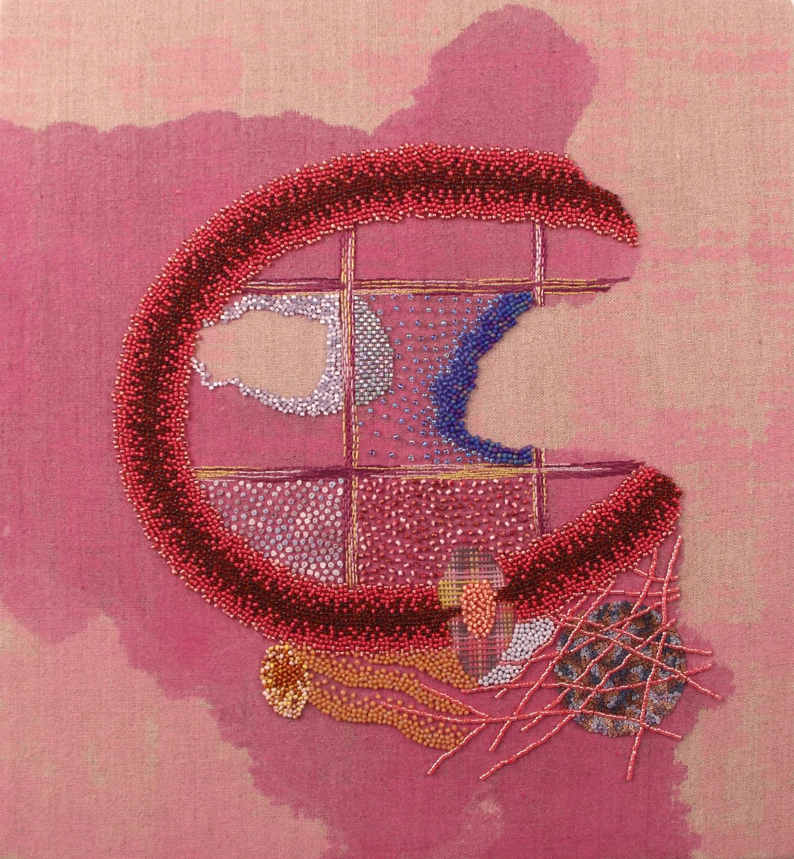 Hand embroidery, beadwork and acrylic paint on linen. Framed.