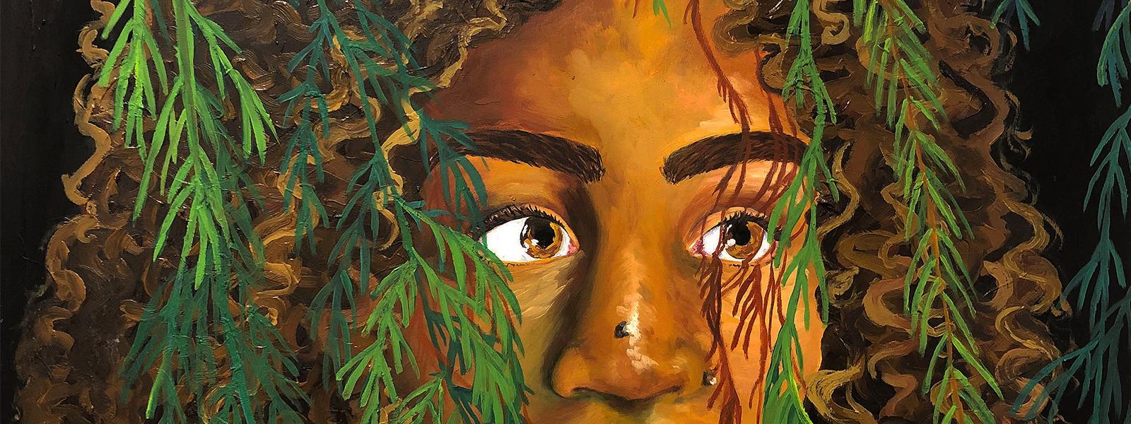 Painting of a medium-dark skinned womans eyes and green leaves surrounding her face