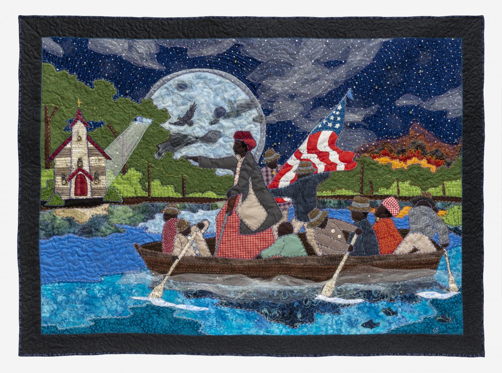 Fiber art piece of people rowing on a boat at night by Stephen Towns