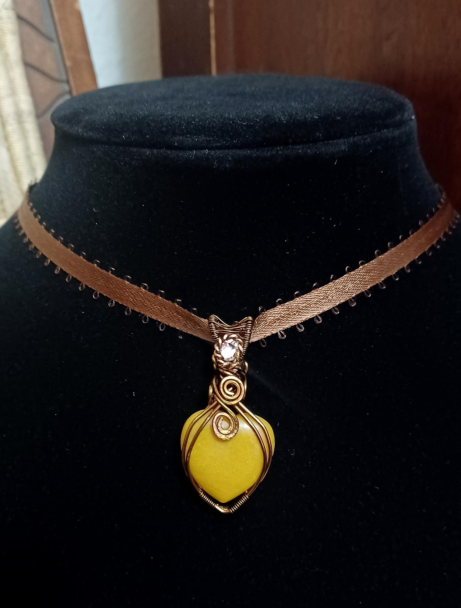 Yellow Jasper w/Swavorski crystal wrapped in brass colored copper wire on ribbon choker - Available $45