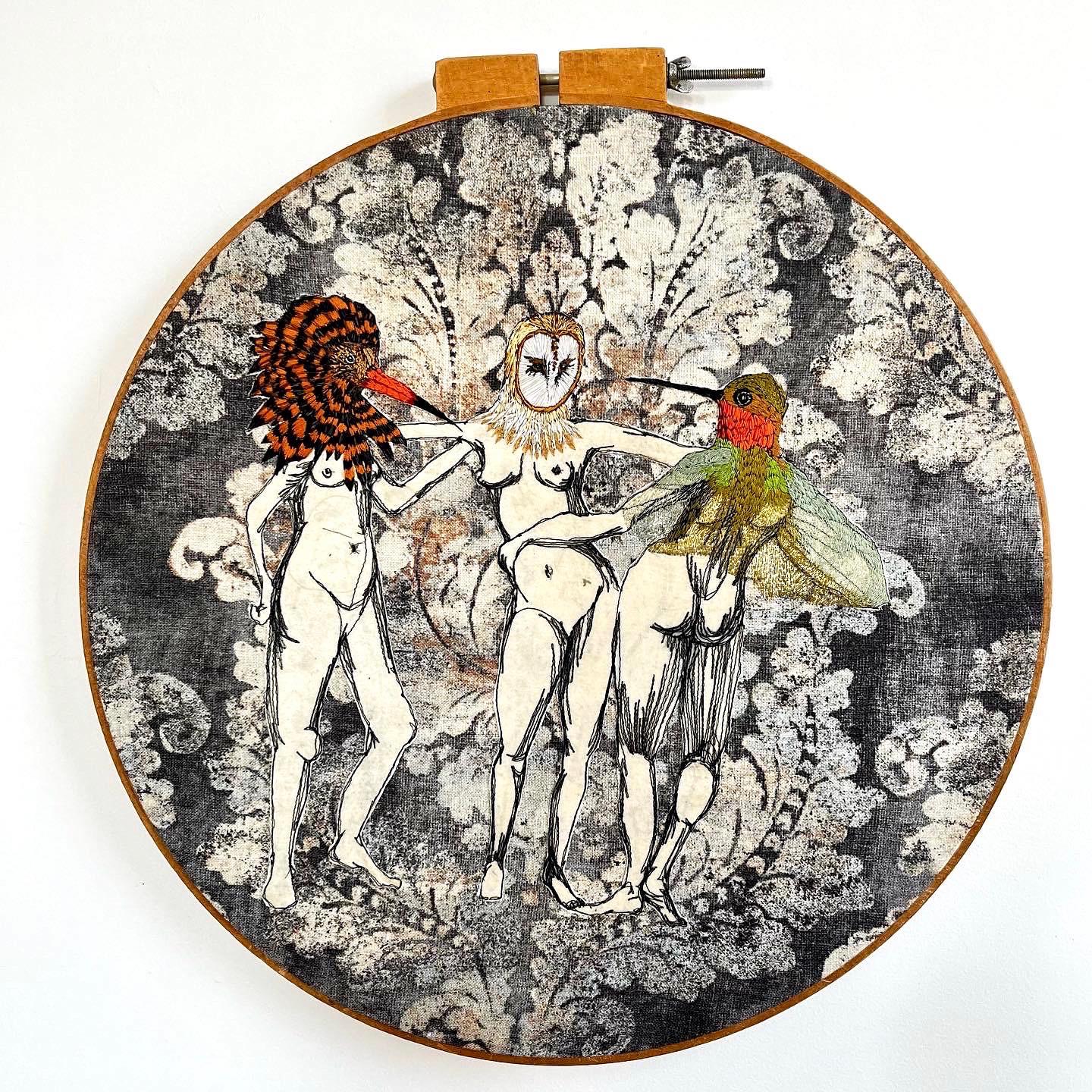 The Healing Three Graces, 2022. Freehand machine and hand embroidery on organza and cotton on decor fabric. Stretched in a vintage wooden embroidery hoop.