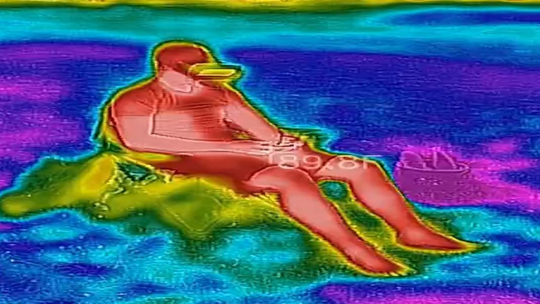 Film still from “My Expanded View,” showing a drone operator being filmed by a thermal imaging camera.
Employing a collaged approach of image making techniques my practice seeks to expand the definition of the cinematic image. Combining both high and low resolution imagery. Traditional cinematic tools and consumer products. Creating images that reflect the feeling of living in an increasingly hybridized world mediated by technologies we don’t fully understand or control. For this film, I used a surveillance camera, cinema camera, GoPro’s, consumer drone, robotic gimbal, and a thermal imaging camera to create a chaotic cinematographic landscape that counters the soothing voiceover of the yoga instructor.