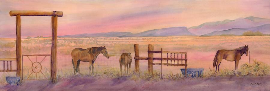 In Serenity Found my goal was to create a painting that could provide a great place to relax at the end of the day. Taking inspiration from a photograph I took mid-morning and shifting it to sunset allowed me to contrast the distant mountains with the near desert plain using complementary colors and cool versus warm colors. I decided to make it an early sunset so the horses wouldn't be entirely backlit, allowing me to show some of their details.
