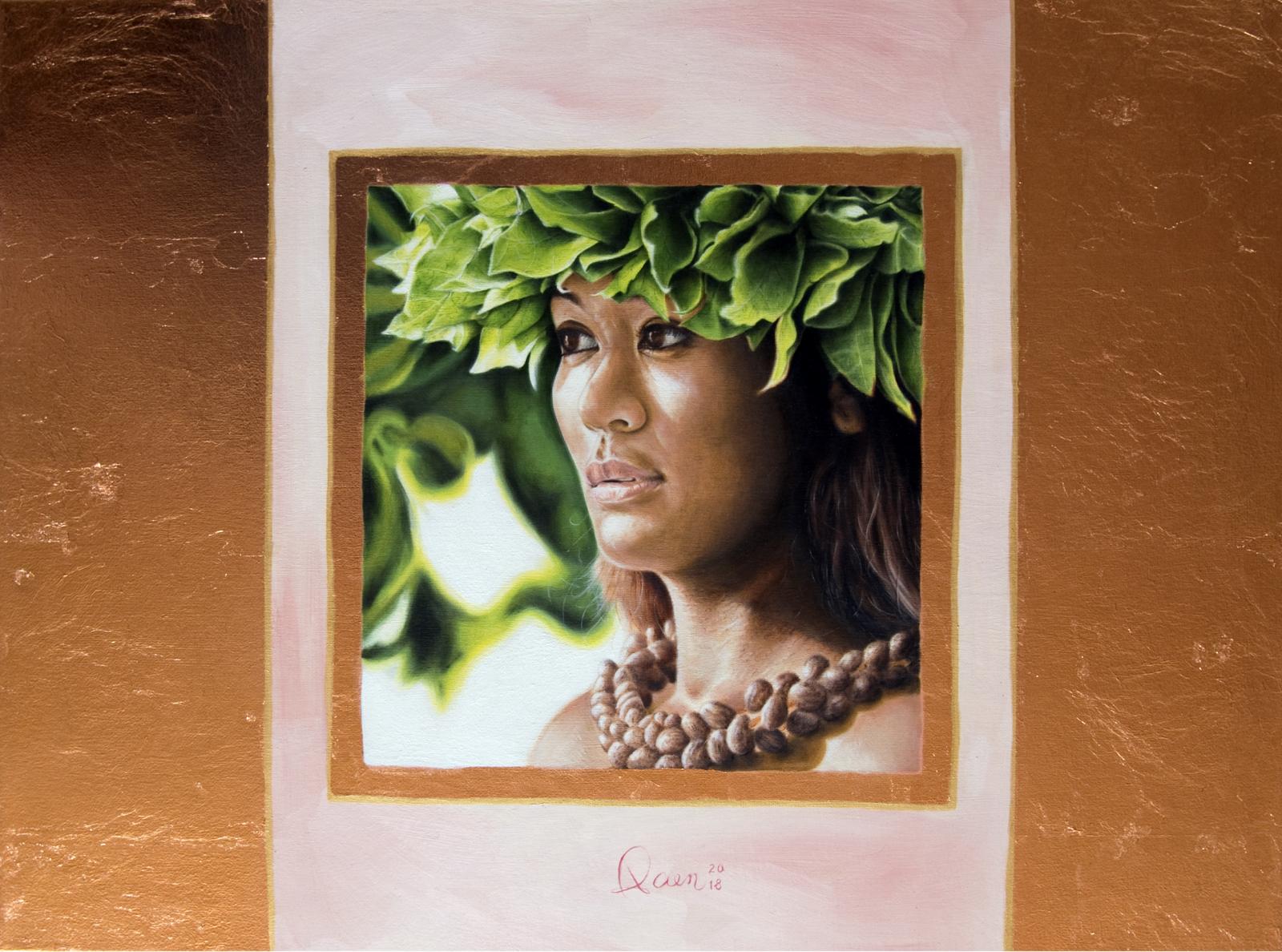 2018 painting, oil on canvas, with applied copper leaf. Painting measures 18" by 24", with the painting's back stretcher featuring my thumbprint in oil.
The second painting in my Hula 'Auana series, this work focuses on 'Auana, the Hawaiian term for modern hula. In the other paintings in the series, I wanted to depict on the actions, movements, and instruments used in hula 'auana. Here, I wanted to focus on the individual and the humanity of the person who was performing.
Hula dancers occupy a special place in the heart of Hawaiians, as they represent several things to us. On one hand, they are cultural ambassadors that portray Hawai'i's physical and spiritual beauty. On the other hand, they are storytellers, depicting Hawai'i's rich legacies and traditions through their dance. Through their art, they preserved an entire people's history. As such, they are held in the highest regard as both artisans and historians.
In this picture, I hoped to portray another aspect of the vibrant and robust tradition of hula, one of Hawai'i's great cultural pillars.