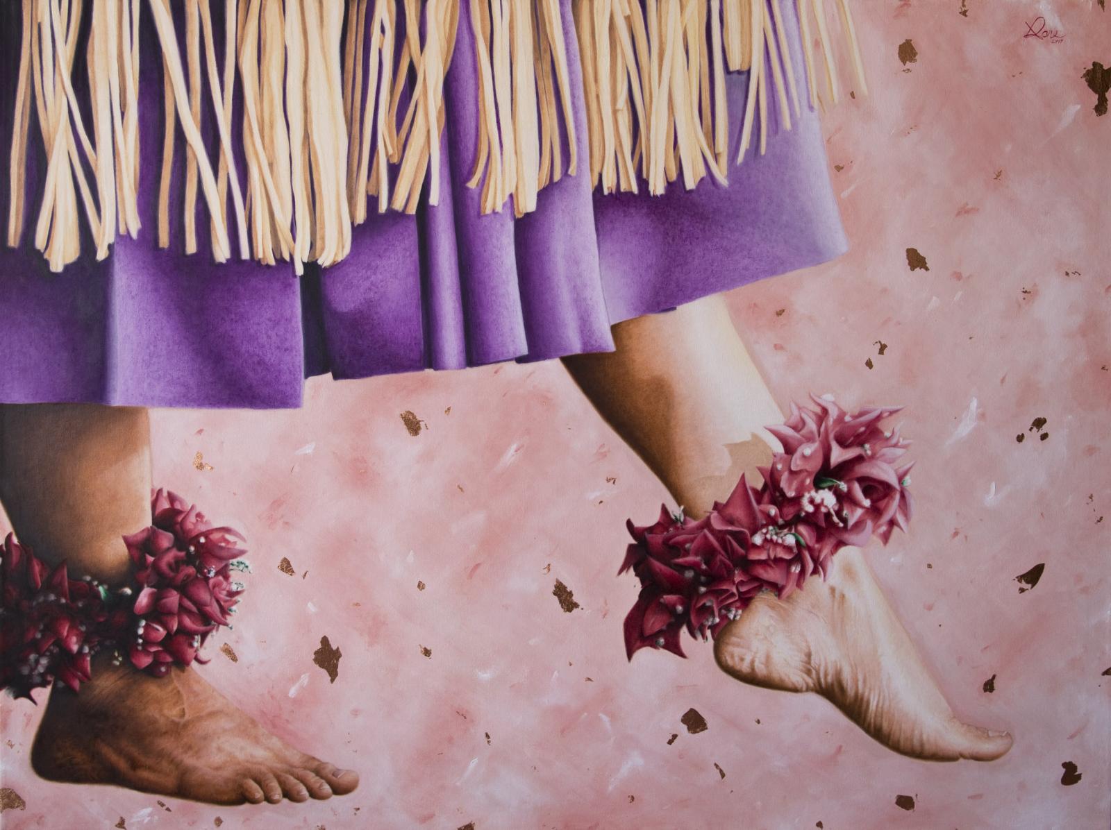 2018 painting, oil on canvas, with applied pieces of copper leaf. Painting measures 36" by 48", with the painting's back stretcher featuring my thumbprint in oil.
This, along with it's sister paintings An Electric Humanity, and The Voice of Movement, are the first set in a series of paintings celebrating Hawaiian traditions. In this picture, I focused on 'Auana, the Hawaiian term for modern hula. When you watch hula 'auana, the dancer intimates a story using their hands and body movements. I wanted to focus on this woman's feet, as they're the source of those movements and subsequently, the starting point for these stories. In doing so, this draws into distinct view the action taking place in hula dancing. Learn more about hula 'auana, one of our great traditions.