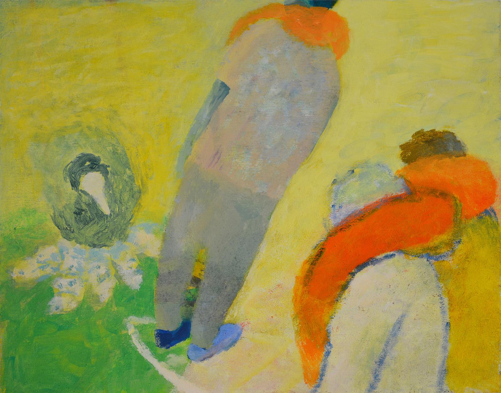 on a light yellow ground with a patch of green in the lower left corner stands a water bird looking at the feet of a human wearing an orange float. the human figure is seen from the back. there are two more humans with orange floats partially shown in the right foreground.