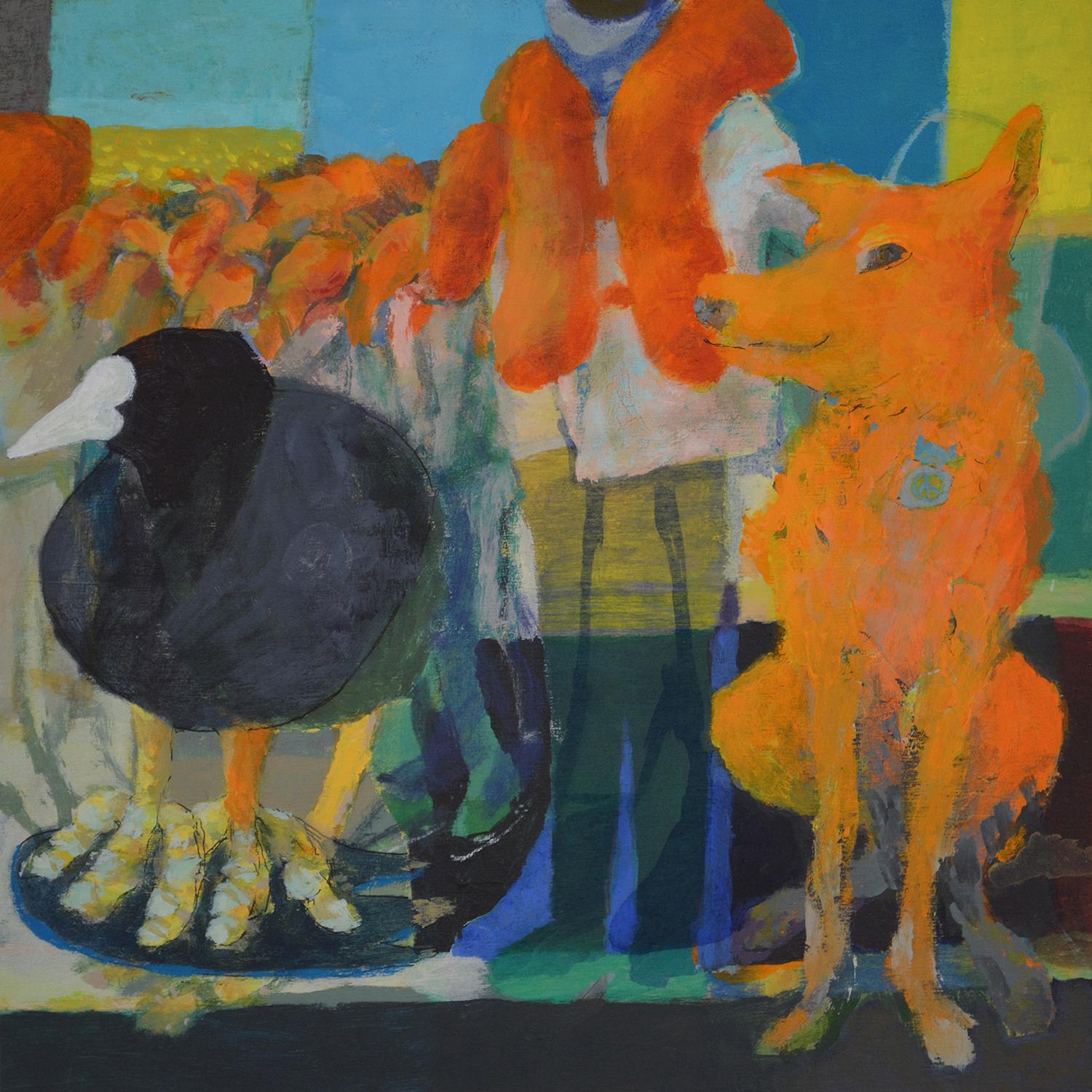 A water bird on the left and an orange dog on the right stand in front of a group of humans who are shown wearing orange floats. The group stands closely together. in the background behind are fields of color, grey, light blue, darker blue, bright blue and yellow like the colors of the Ukrainian flag in the upper right hand corner.