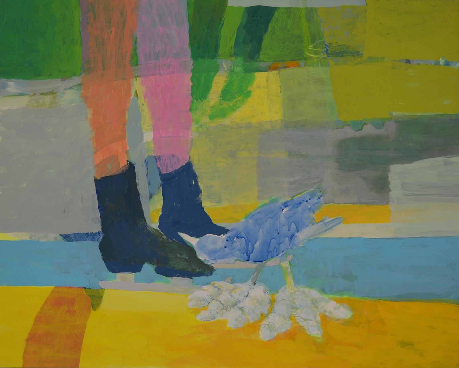this shows an encounter between a blue water bird and a human on ice skates on a ground of quilted shapes of yellows, greens, greys and blue. the human figure is shown up to below the hip. there is an echo in the back of another sketchy figure just hinted at.