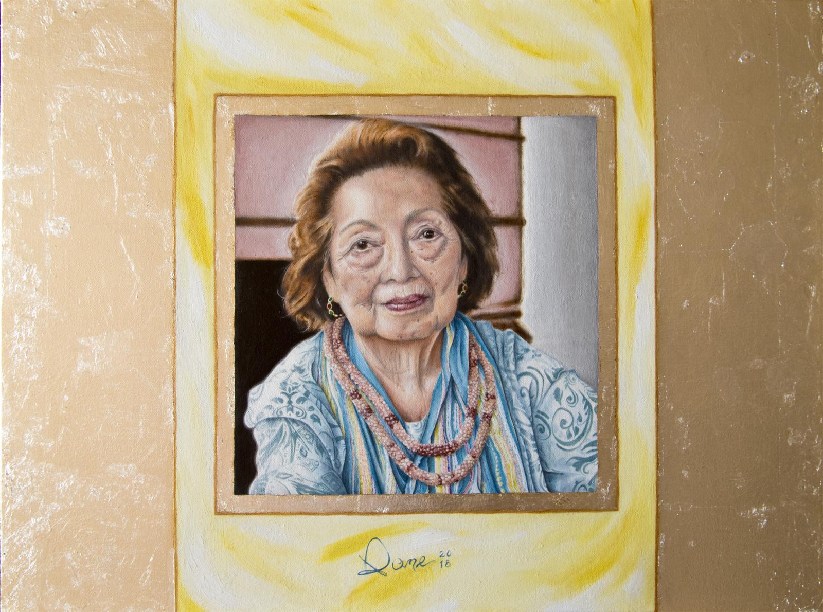2019 painting, oil on canvas, with applied sterling silver leaf. Painting measures 18" by 24", with the painting's back stretcher featuring my thumbprint in oil.
The second painting in my Ni'ihau shell lei series, this work focuses on Kahelelani , the Hawaiian name for the most popular shells used in creating leis. In the other paintings in the series, I wanted to depict the actions, skills and tools used when creating shell leis. Here, I wanted to focus on the artisan, the person who creates these amazing pieces of art, and their humanity. The title, "An Enduring Humanity", holds a double meaning, in that the artform of shell lei has existed and persevered for hundreds and probably thousands of years to modern-day. In the same way, the model for the painting has also endured and thrived throughout her life not just as an artisan, but also as a mother, grandmother, wife and family pillar.
My Kahelelani painting collection was created to highlight the unique artform of shell lei that exists solely in Hawaiian island of Ni'ihau. The immense technical skill, physical beauty and connection to Hawai'i's physical beauty are reminders of our state's incredible uniqueness.