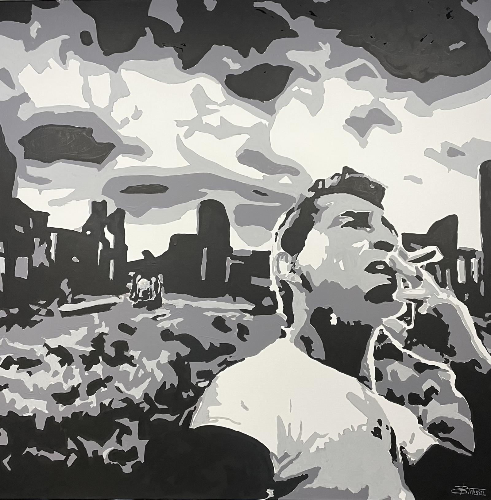 Figurative abstract of Rod Serling proudly standing in the foreground of devastation. This is a tribute piece to Mr. Serling and his incredible contribution to society in shedding a light on life’s absurdities.