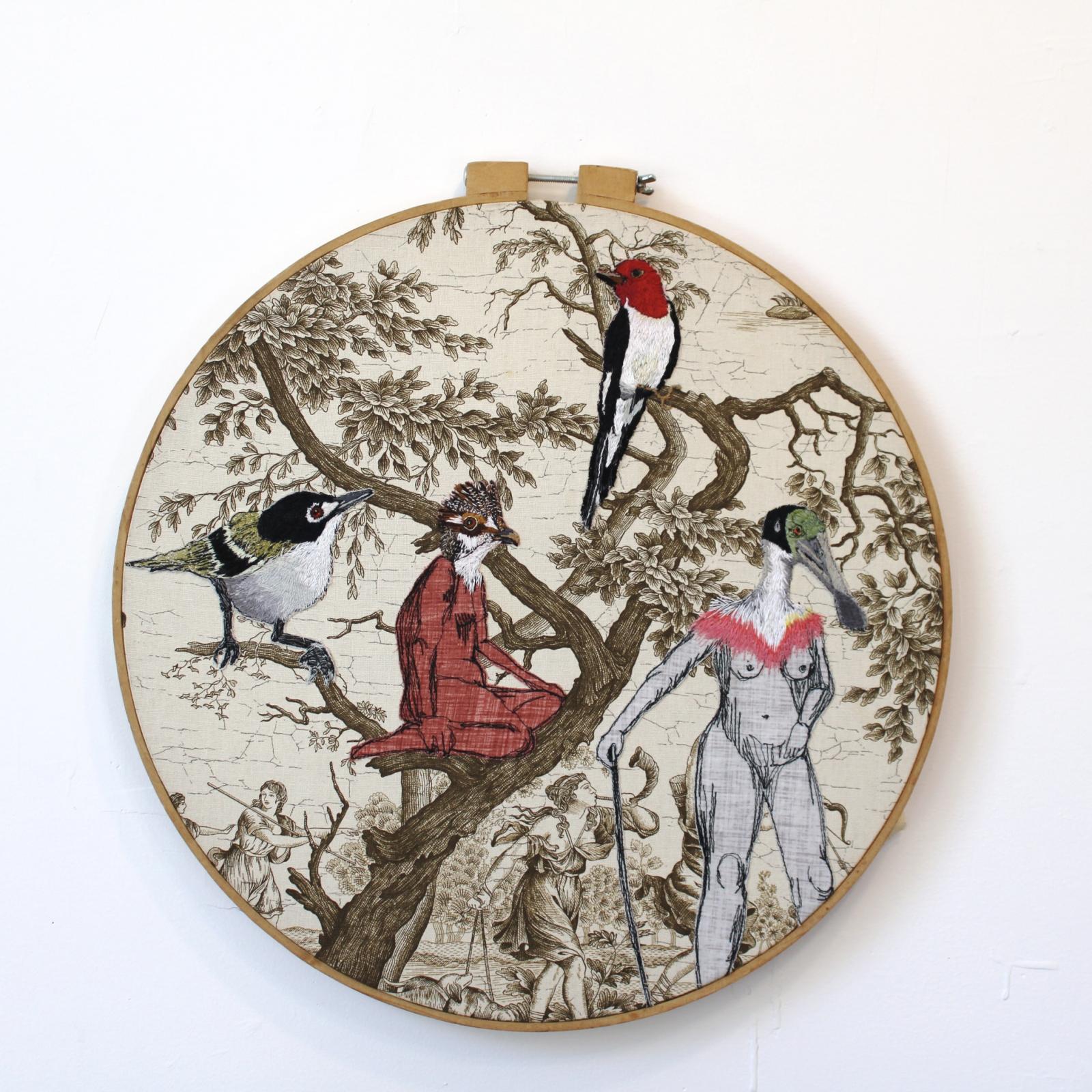 Ms. Spoonbill goes to Battle , 2023. Freehand machine embroidery with hand embroidered heads on cotton appliquéd one vintage curtain panel, stretched on a vintage 18" embroidery hoop. 