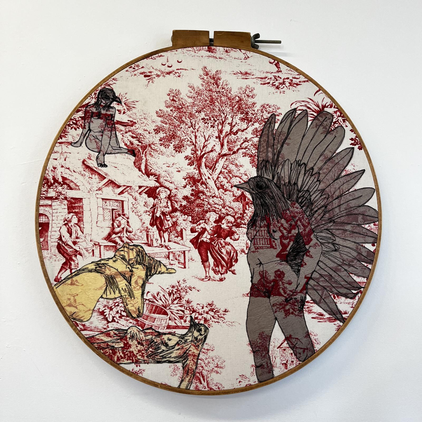 The Guardians, 2022, featured four figures that are freehand machine stitched. Three of the figures have bird heads and one gracious fish crow woman has wings. Hand embroidery has been used to emphasize the pattern from the narrative toile scene fabric to give these figures a powerful feeling of strength as well as transparency. Bird women are appliqued and reinforced stitched on decor fabric that is stretched and attached to a vintage wooden embroidery hoop measuring 23” X 23” X 1.5” . This piece was created in 2022.