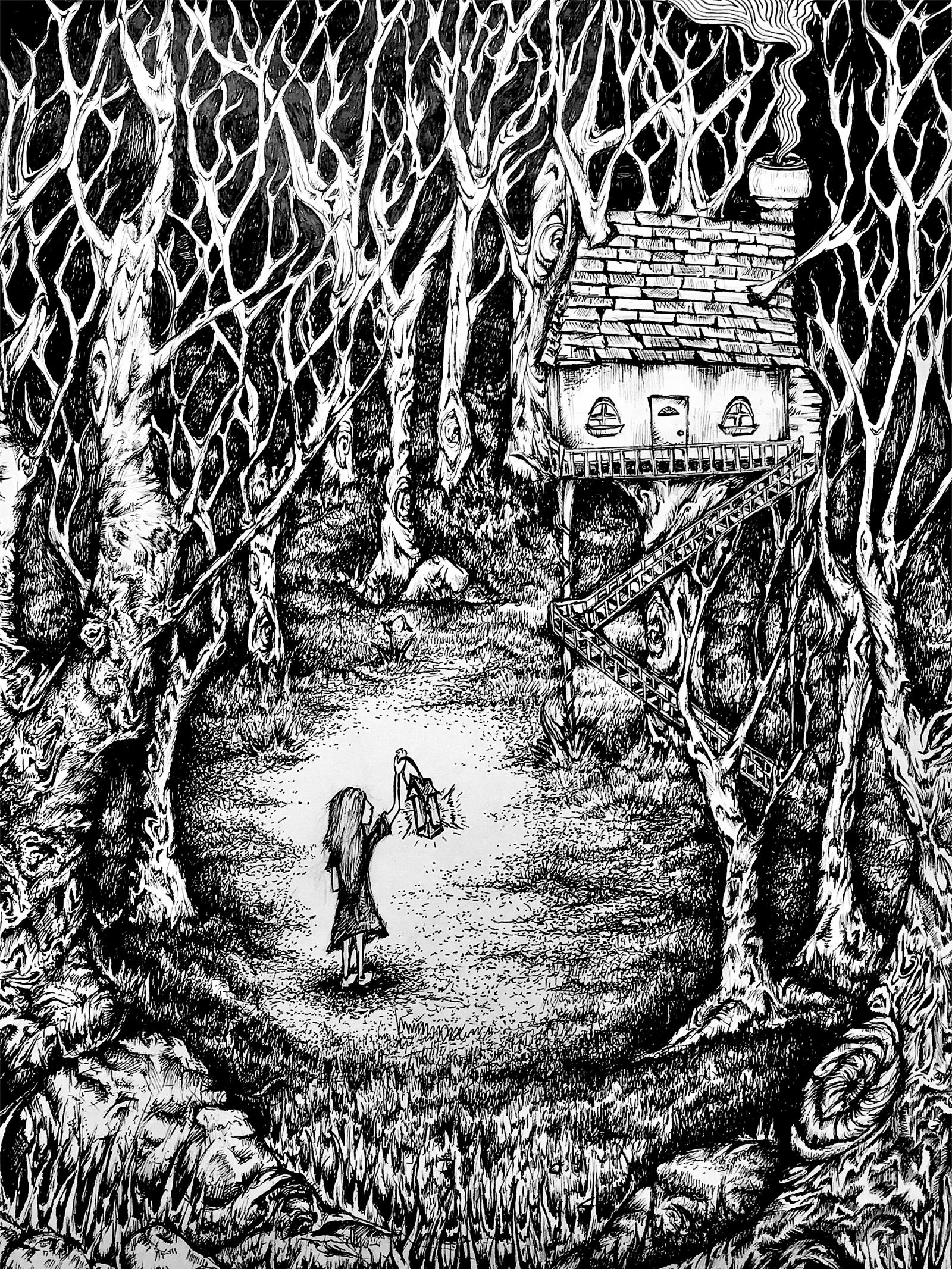 "Lost" is a pen and ink artwork that explores the journey of a young girl navigating her way through a dark forest. At a time when she finds herself to be completely lost, she encounters a treehouse and is left to question whether or not she should keep going or turn back.