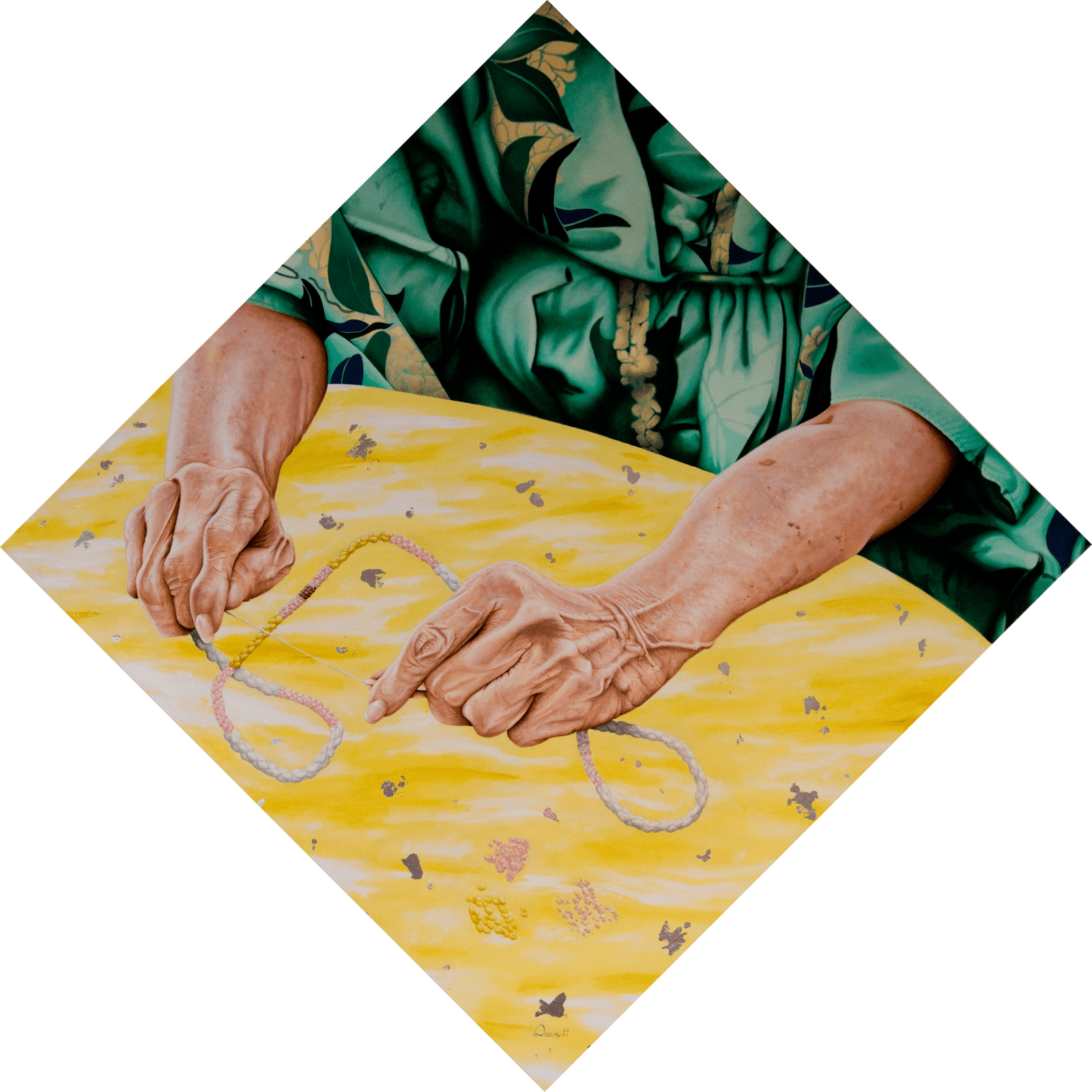 2021 painting, oil on canvas, with applied silver leaf. Painting measures 48" by 48", with the painting's back stretcher featuring my thumbprint in oil.
The largest painting in my Ni'ihau shell lei series, this work showcases the actual creation of a lei, with a specific focus on the hands of a lei-maker. By zeroing in on the technical process of preparing shells, stringing them. and finally, placing them in design, I hoped to bring the viewer into the actual art transpiring, moment by moment.
My Kahelelani painting collection was created to highlight the unique artform of shell lei that exists solely in Hawaiian island of Ni'ihau. The immense technical skill, physical beauty and connection to Hawai'i's physical beauty are reminders of our state's incredible uniqueness.