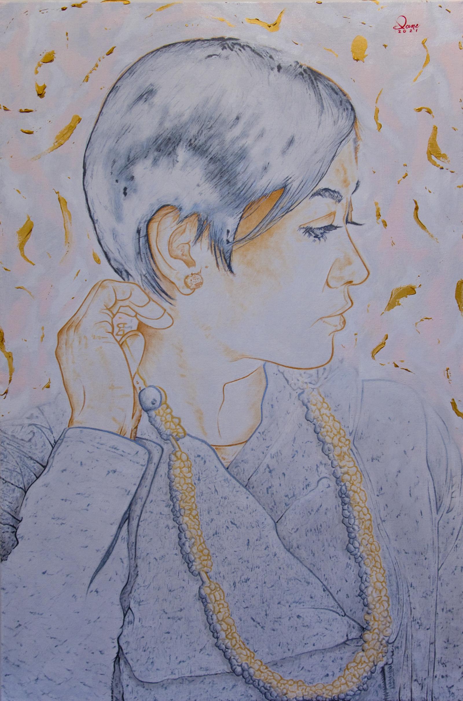 Measuring 36" x 24", this 3/4ths sized portrait was painted almost exclusively with gold, silver and copper infused paints. When viewing this painting from any angle, light hits the lines and shines off the edges creating a unique, gilded take on traditional portraiture.
From a subject matter standpoint, this painting is titled "Mana Wahine" to purposely represent the strength, fortitude and mystique of Hawaiian women. "Mana" in Hawaiian is translated roughly to be "spiritual force or power". In my representation, the subject matter, pose and mongo shell lei were all purposely chosen to illustrate these concepts.