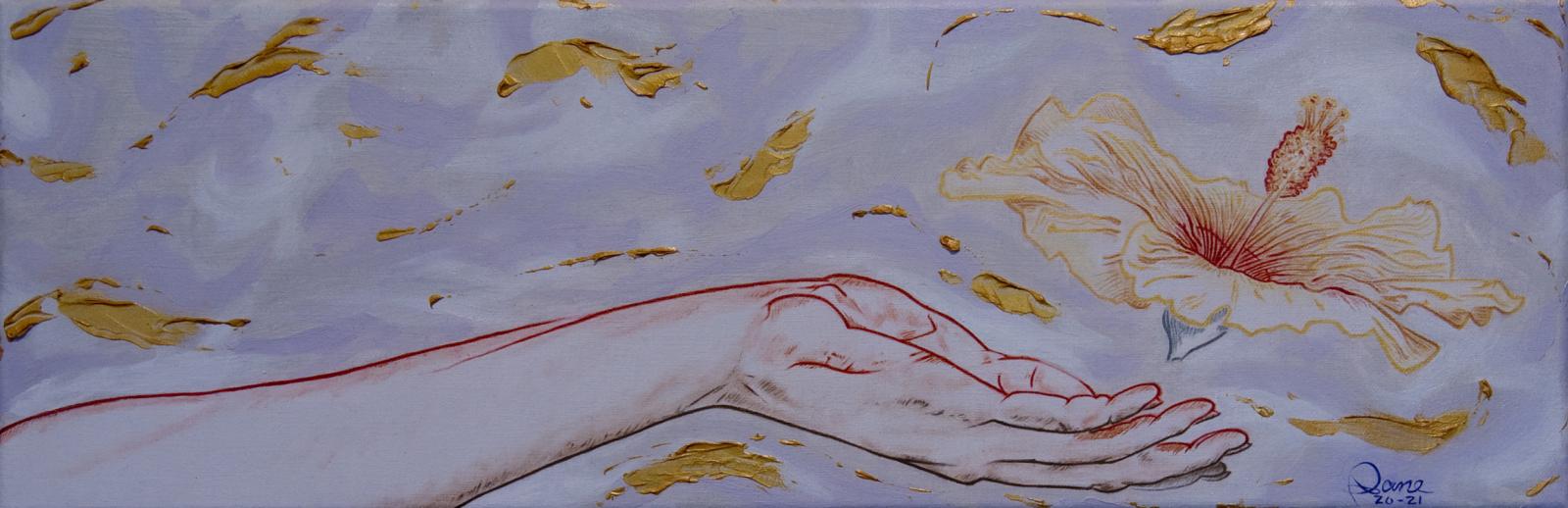 Measuring 8" x 24", this uniquely sized picture was painted almost exclusively with gold, silver, bronze, and copper-infused paints. When viewing this painting from any angle, light hits the lines and shines off the edges creating a unique, gilded take on traditional portraiture.
"Mana": Strength, power... "Hoʻopā": Touch, feeling...