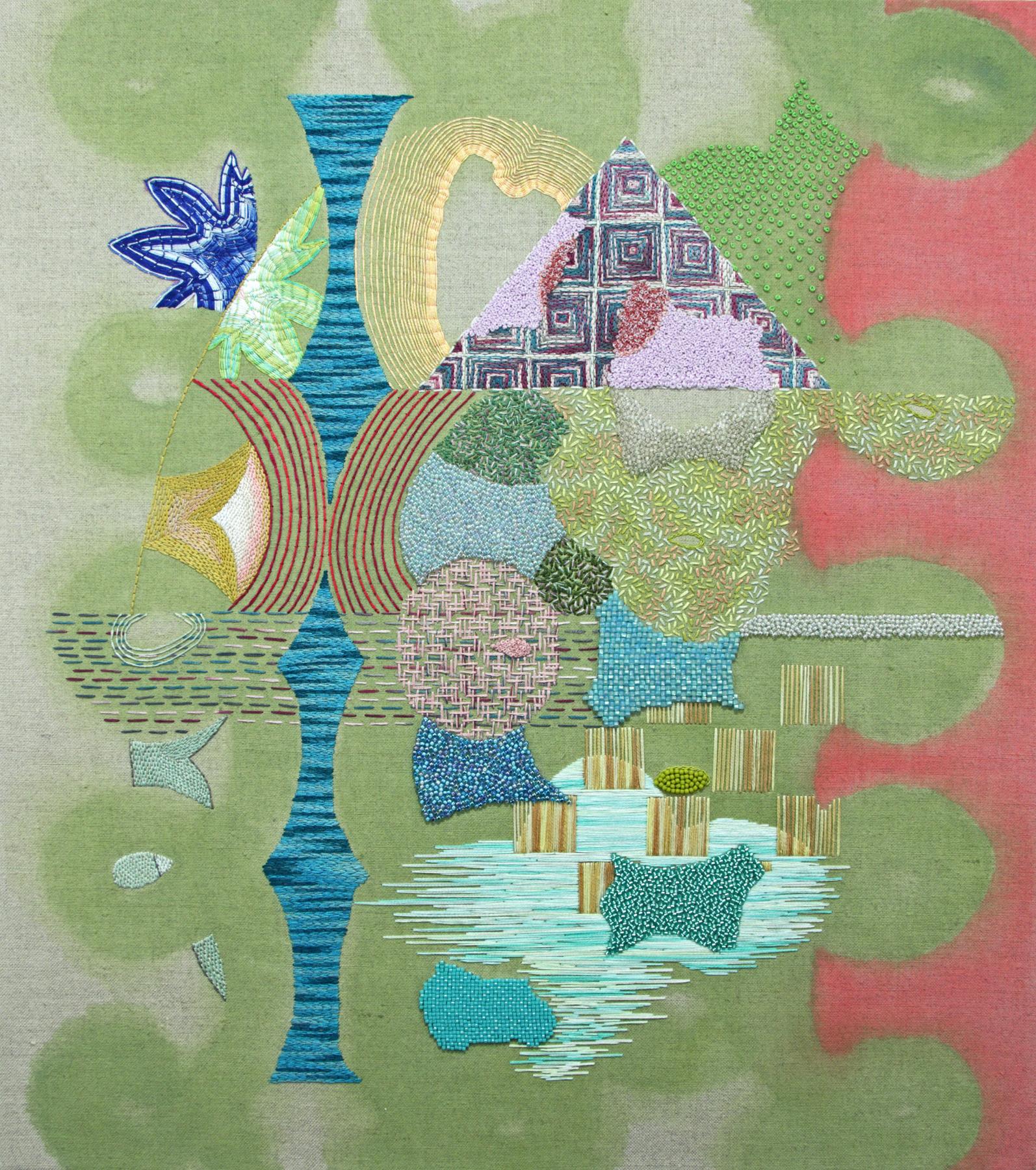 Hand embroidery, beadwork and acrylic paint on linen. Framed.
