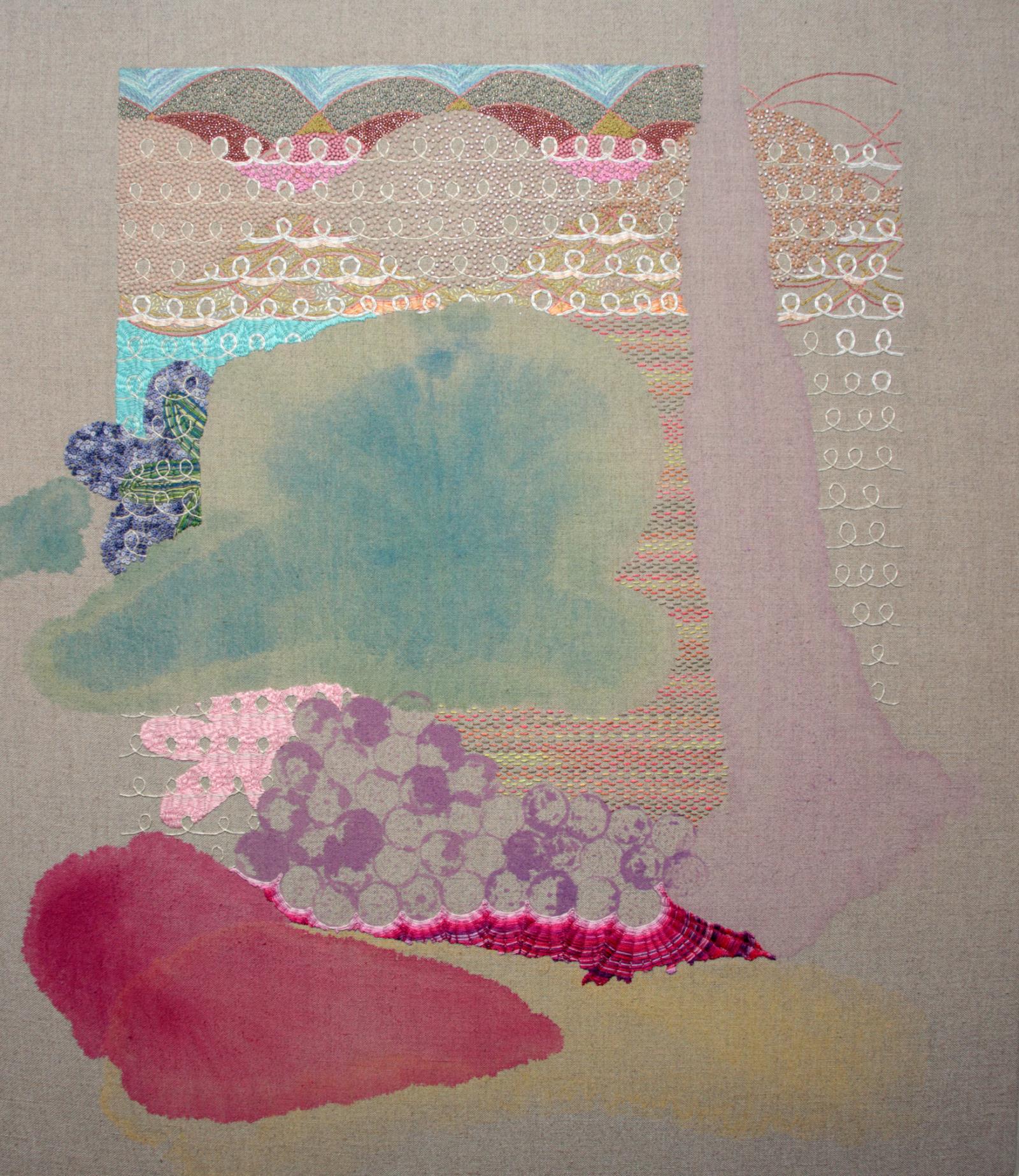 Hand embroidery, beadwork and acrylic paint on linen. Framed.