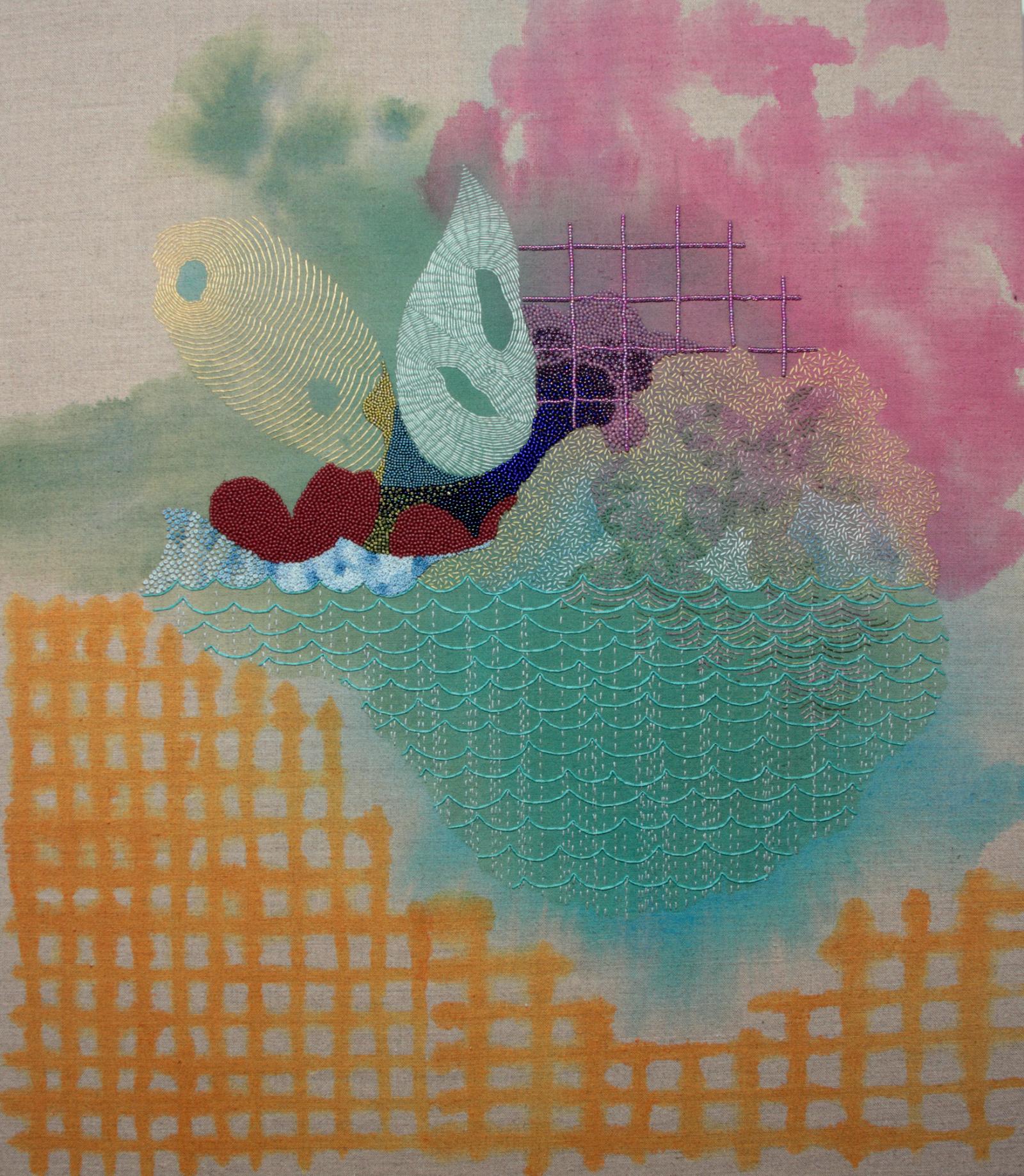 Hand embroidery, beadwork and acrylic paint on linen. Framed.