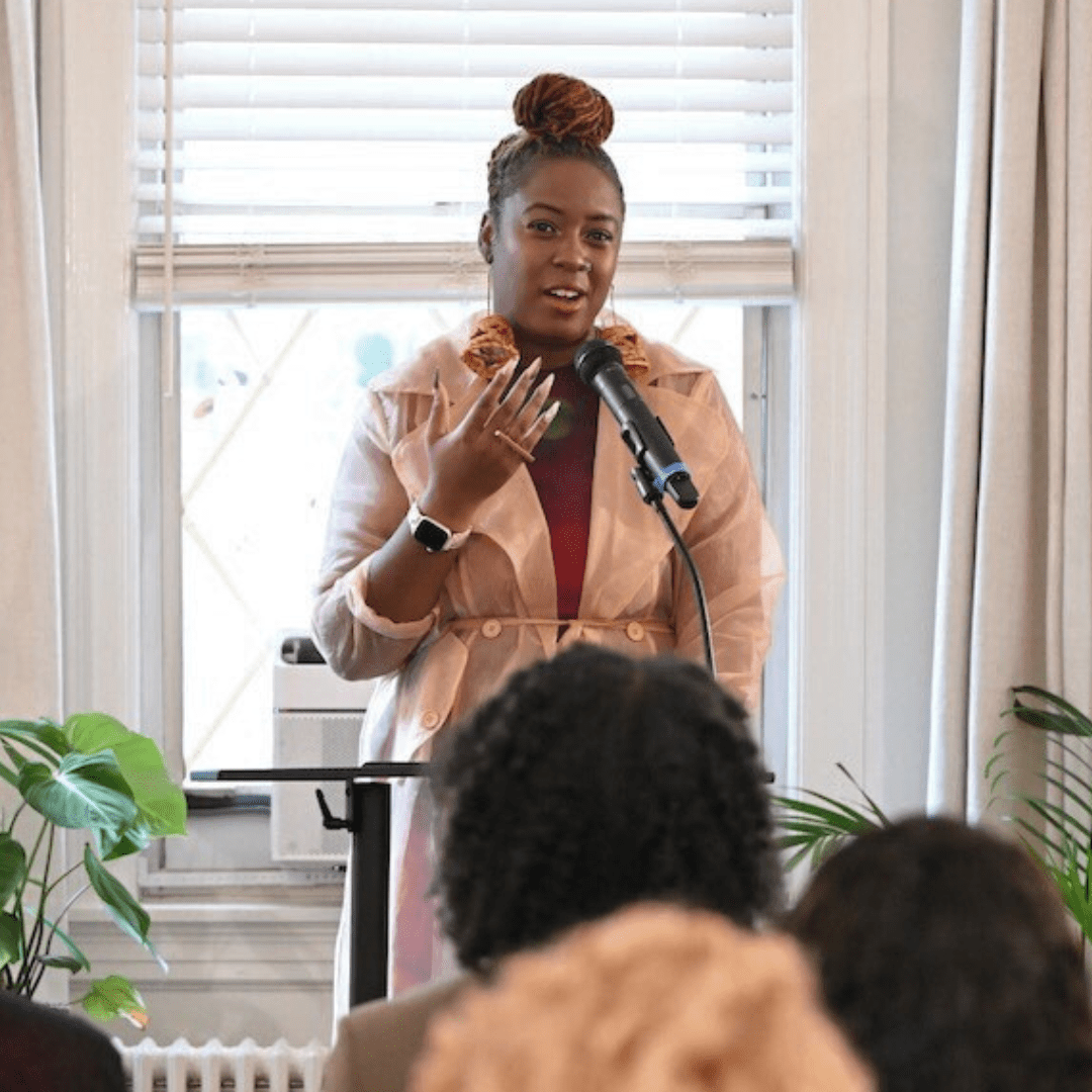 Current Poet Laureate Lady Brion speaking to audience